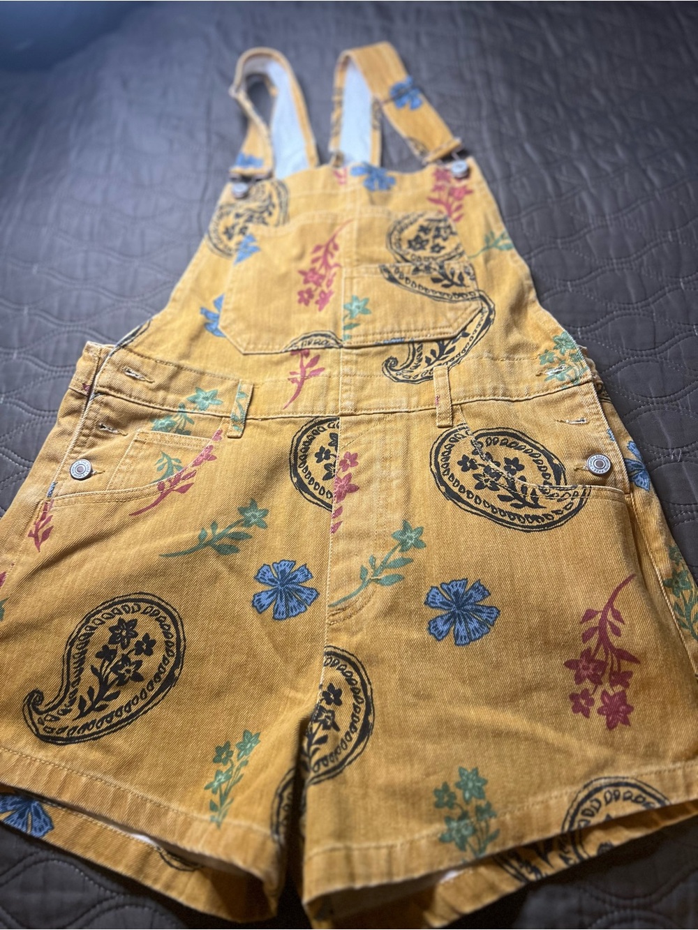 We The Free Mustard Yellow Floral Paisley Short Overalls - Picture 3 of 8